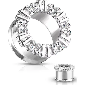 Piercing Ocelový 316L tunel do ucha - linie čirých krystalů, vystupující proužky, lesklý povrch - Tloušťka : 16 mm