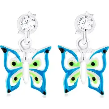 Náušnice Náušnice ze stříbra 925, modro-zeleno-bílý motýlek s krystalem Swarovski
