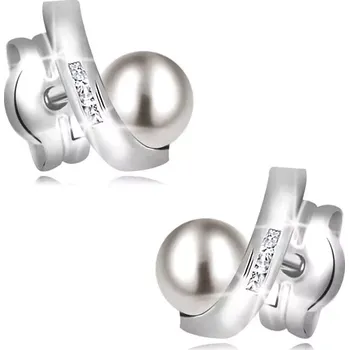 Náušnice Náušnice z bílého 14K zlata - kulatá perla, zahnutá linie se zirkonky