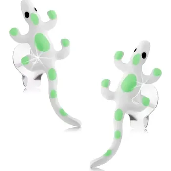 Náušnice Stříbrné náušnice 925, bílé glazované ještěrky se zelenými tečkami