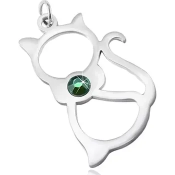 Přívěsek Šperky Eshop Přívěsek z chirurgické oceli ve stříbrném odstínu, obrys kočky, zelený zirkon