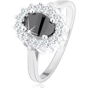 Prsten Stříbrný prsten 925, oválný černý zirkon, třpytivá obruba, rhodiovaný - Velikost: 50