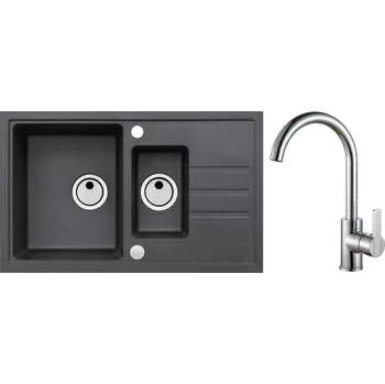 Granitový dřez Alveus Set Intermezzo 70 Granitový dřez s vaničkou a odkapem 780x480 mm + baterie Tonia, černá, SETA398