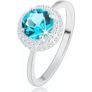Prsten Blýskavý prsten, stříbro 925, kulatý zirkon akvamarínové barvy, čirý lem - Velikost: 47