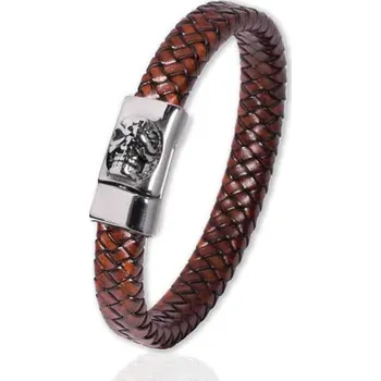Náramek Pánský splétaný kožený náramek Lebka Hnědý 22 cm Impress Jewelry 97k-cube