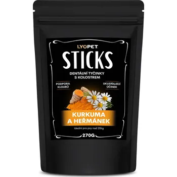 Pamlsek pro kočku LYOPET STICKS KURKUMA A HEŘMÁNEK - Dentální tyčinky s kolostrem MAXI 270 g