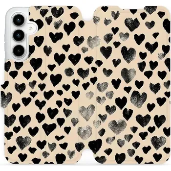 Pouzdro na mobilní telefon Flipové pouzdro Mobiwear - Samsung Galaxy A35 5G - VA51S Černá srdíčka (Knížkové flip pouzdro, obal, kryt na mobil Samsung Galaxy A35 5G - VA51S Černá srdíčka, materiál Umělá kůže + TPU - ochrana 360°, stojánek, silikonová vanička, magnetické zavírání)