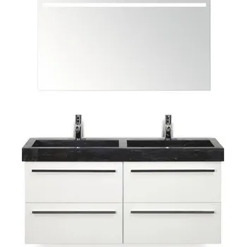 Koupelnový nábytek Koupelnový nábytkový set Seville 120 cm s dvojitým umyvadlem z přírodního kamene a zrcadlem s LED osvětlením bílá vysoce lesklá