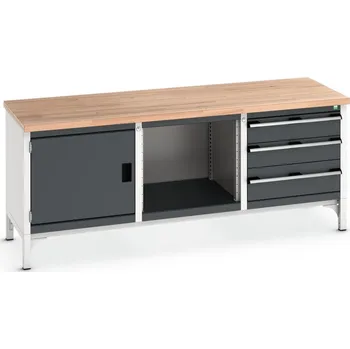 Dílenský stůl Průmyslový ponk Bott Cubio - 3 zásuvky, 1 skříňka, 1 police Barva: Antracit, Pracovní deska: Červený buk