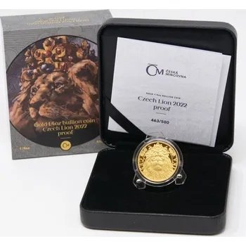 Zlatá 1/4oz investiční mince Český lev 2022 proof číslováno - koženková etue + certifikát pravosti!!!