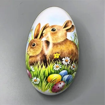 Velikonoční dekorace Plechová dóza Vajíčko - Zajíčci na trávě 11,2 x 6,9 cm (Velikonoční dekorace, velikonoce, králíček, králík)