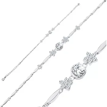 Náramek Stříbrný náramek 925, lesklé zrnkovité články, čiré květy a kulatý zirkon