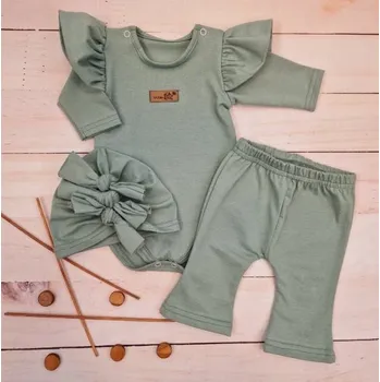 Kojenecká souprava Kazum Body s volánky, legíny do zvonu a 3D čepička olivová Vel. 86