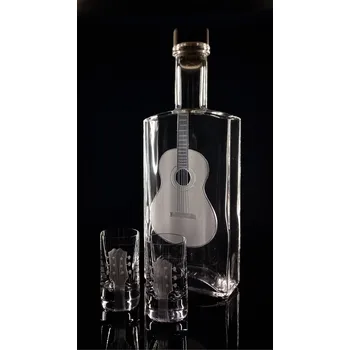 Sklenice lahev na kořalku 0,5l s rytinou španělské kytary +2ks likér - ručně ryté (broušené) dárková krabička, dárek pro hudebníka