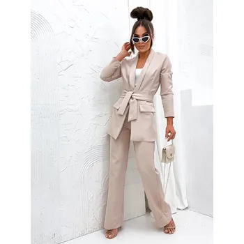 Béžový dámský komplet - volné sako a široké kalhoty (8167) odstíny béžové XL (42)