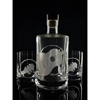 Sklenice lahev 0,7l a 2ks sklenek na whisky s rytinou španělské kytary - ručně ryté (broušené) dárková krabička, dárek pro hudebníka