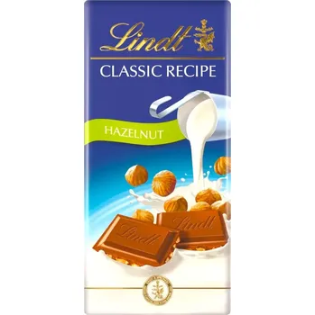 Čokoláda Lindt CLASSIC RECIPE MLÉČNÁ čokoláda s lískovými ořechy 100g (MLÉČNÁ čokoláda LINDT s celými jádry lískových ořechů podle klasického švýcarského receptu 100g)