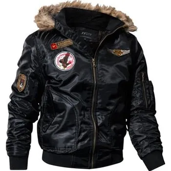 Pánský zimní kabát Zimní taktická bunda pánská army parka s kožíškem a nášivky Barva: Černá, Velikost: 4XL