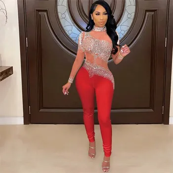 Dámský overall Společenský overal s třpytkami Barva: Červená, Velikost: L