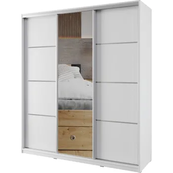Šatní skříň Šatní skříň NEJBY BARNABA 180 cm s posuvnými dveřmi, zrcadlem, 4 šuplíky a 2 šatními tyčemi, bílá +možnost VÝNOSU + PROVĚŘENO zákazníky + vyzvednutí ZDARMA
