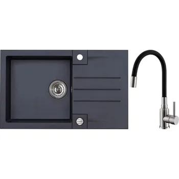 Kuchyňský dřez Alveus Set Rock 130 Granitový dřez s odkapem 780x480 mm + baterie Mintas black BRS, černá, SETA23200