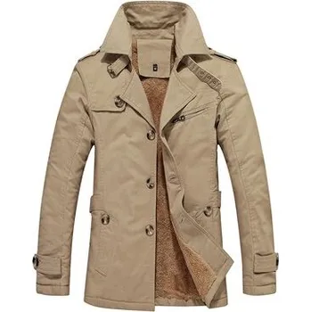 Pánský zimní kabát Pánský trenč na zimu kabát s knoflíky a fleecovou podšívkou Barva: Khaki, Velikost: 4XL