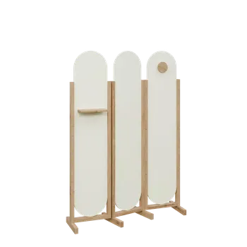 Paraván ATMOSFERE ROUND 419, dřevěný 3-dílný paraván, mobilní, výška 1900 mm, rám dub chalet 35252, výplň W980 bílá hladká, polička, věšák