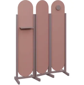 Paraván ATMOSFERE ROUND 419, dřevěný 3-dílný paraván, mobilní, výška 1900 mm, rám sandy lilac, výplň antická růžová, polička, věšák