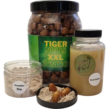 Návnadová surovina Set Tygřího ořechu XXL 22-35mm, práškový dip a tygří ořech sirup (Nakládaný tygří ořech k přelstění těch nejopatrnějších kaprů.)