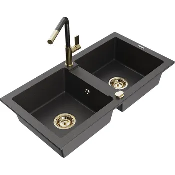 Mexen Mario 2miskový granit dřez s kuchyňskou baterií Flora, černá 6504-76-670401-75-G