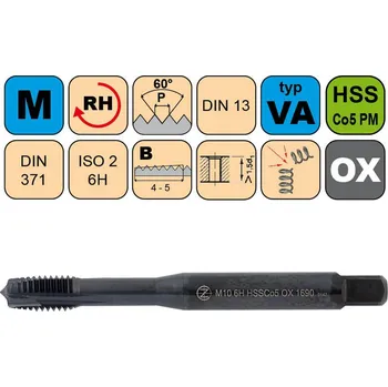 Závitořezný nástroj NÁSTROJE CZ Závitník strojní M5x0,8 ISO2 HSSCo5 PM OX DIN 371 B - 1690HQ - CZZ1690HQ-M5-ISO2
