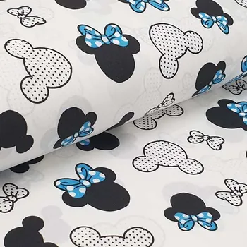 Plátno bílé, MINNIE modrá mašle, š.160