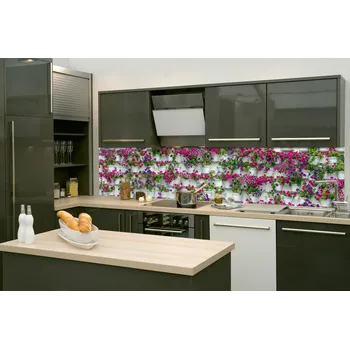 Tapeta DIMEX | Fototapeta do kuchyně Květiny v truhlících KI-260-176 | 260 x 60 cm | fialová, růžová, bílá, zelená + Samolepicí fototapeta za kuchyňskou linku DIMEX Květiny v truhlících v šíři 260 cm