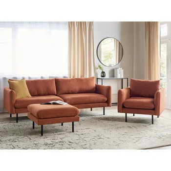 Sedací souprava Sedací žinylková souprava zlatohnědá sametová čalouněná pohovka s křeslem a taburetem moderní retro styl obývací pokoj Beliani