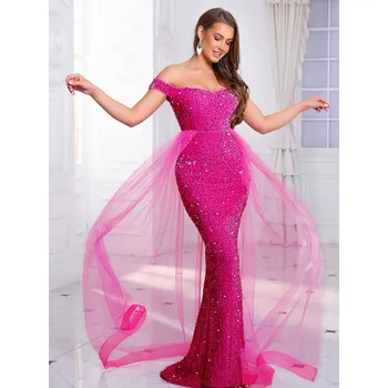 Dámské šaty Plesové šaty s vlečkou ve fuchsiové barvě Barva: Růžová, Velikost: M