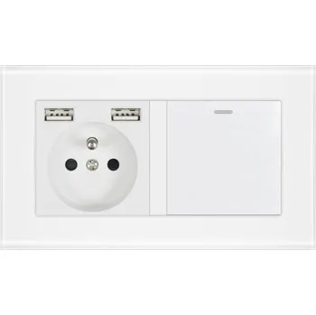 Elektrická zásuvka SRAN Elektrická zásuvka 230V+USB+USB 5V/2,1A + vypínač schodišťový/křížový v rámečku 147mm, sklo bílý