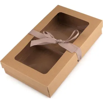Módní doplněk Papírová krabička 15,5 x 25,5 cm s víkem a stuhou HNĚDÁ