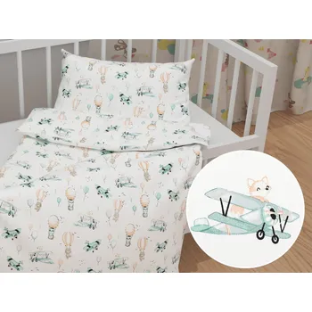 Povlečení Dětské bavlněné povlečení do postýlky Sandra SA-457 Lišky v letadýlkách na bílém Do postýlky 90x130 a 40x60 cm