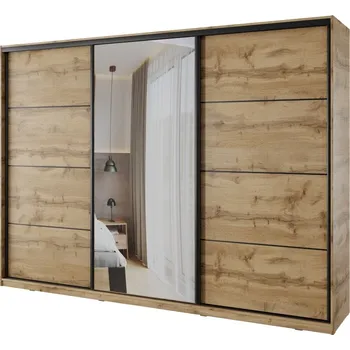 Šatní skříň Šatní skříň NEJBY BARNABA 280 cm s posuvnými dveřmi,zrcadlem,4 šuplíky a 2 šatními tyčemi,dub wotan +možnost VÝNOSU + PROVĚŘENO zákazníky + vyzvednutí ZDARMA
