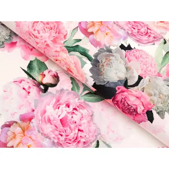 Sametová látka Tamara TMR-037 Růžové pivoňky na bílém - šířka 140 cm
