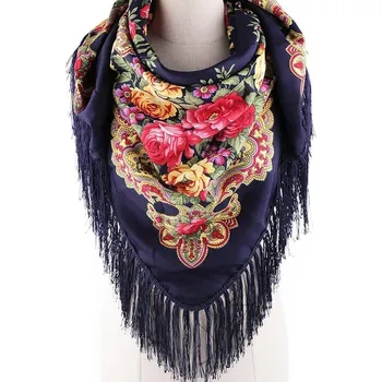 Šátek Šátek folklórní květy a třásněmi 105x105 cm - 6 modrá tmavá