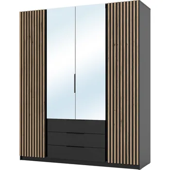 Šatní skříň Šatní skříň KAJA 2LAM 2LU 3S | 200 cm | se zrcadly | VYSOKÁ | černá + lamely