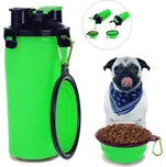 Cestovní láhev na vodu a krmivo se skládací miskou 3v1 - Zelená