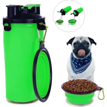 Miska pro psa Cestovní láhev na vodu a krmivo se skládací miskou 3v1 - Zelená