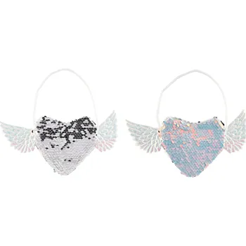 Teddies Kabelka srdce s křídly s flitry měnícími látková bílá 21x10cm v sáčku