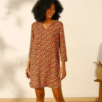 Dámské tričko Plážová tunika se 3/4 rukávy a potiskem hnědošedá/korálová 48