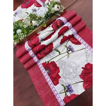 ubrus Běhoun - máky s chrpou v kombinaci s červenou