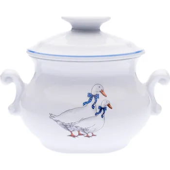 Český porcelán, a.s., Dubí Zapékací hrnek s oušky a víčkem, 0,5 l, husy, porcelán