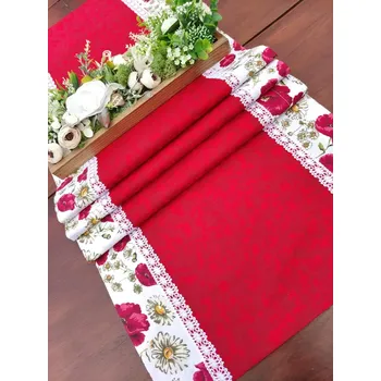 ubrus Běhoun - červený mramor lemovaný vlčími máky