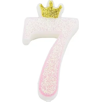 Dortová svíčka Svíčka číslo 7 růžová s korunkou a glitrem 9,5 cm gi50687